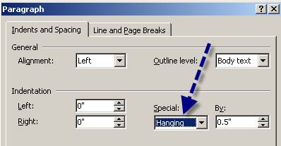 hanging indent